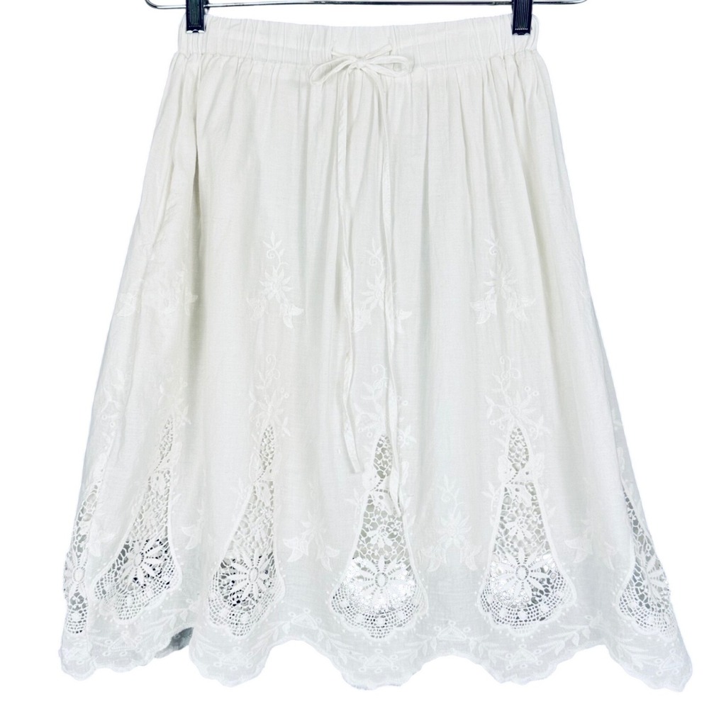 Boho Fairy Knee Skirt White Cotton Small Drawstring Lined Lace Cut-Out A-Line - Picture 1 of 9